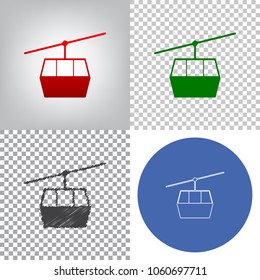 Funicular, Cable car sign. Vector. 4 styles. Red gradient in radial lighted background, green flat and gray scribble icons on transparent and linear one in blue circle.