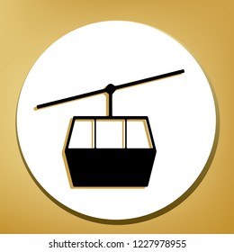 Funicular, Cable car sign. Vector. Black icon with light brown shadow in white circle with shaped ring at golden background.