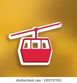Funicular, Cable car sign. Vector. Magenta icon with darker shadow, white sticker and black popart shadow on golden background.