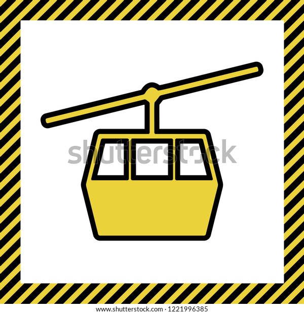 Funicular, Cable car sign. Vector. Warm yellow\
icon with black contour in frame named as under construction at\
white background.\
Isolated.