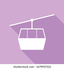 Funicular, Cable car sign. White Icon with long shadow at purple background. Illustration.
