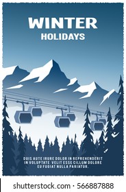 Funicular, cable railway car on winter landscape background. Winter vacation.