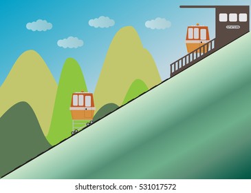 Funicular or cliff rail way and Station with hill background Vector Illustration