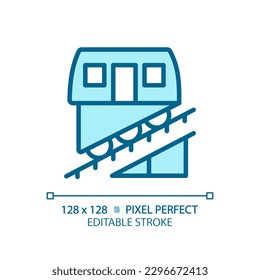 Icono de color RGB azul perfecto para píxel funicular. Sistema ferroviario por cable. Transporte público. Tránsito urbano. Paseo en tren. Ilustración vectorial aislada. Dibujo de línea simple relleno. Trazo editable