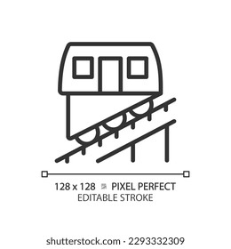 Icono lineal perfecto del píxel funicular. Sistema ferroviario por cable. Transporte público. Tránsito urbano. Paseo en tren. Ilustración de línea delgada. Símbolo de contorno. Dibujo del contorno del vector. Trazo editable