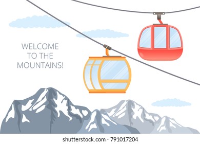 Funicular Railway . Ski Cable Car . Vector Mountain Illustration .