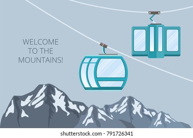 Funicular railway . Ski cable car . Vector mountain illustration .Place for your text .