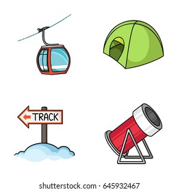 Funicular, tent, road sign, snow cannon. Ski resort set collection icons in cartoon style vector symbol stock illustration web.
