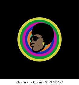 Funk African Man Face Logo Icon Sign Afro Hairstyle And Sunglasses Cartoon Musical Modern Design Style Fashion Print For Clothes Apparel Greeting Invitation Card Banner Poster Flyer Website Vector	