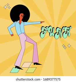 Funk and disco party dancer  in cool cartoon style. Man dressed in 1970s fashion. Funk music  poster.