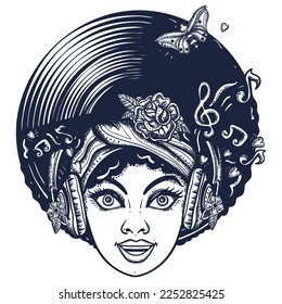 Funk music girl. African woman face with afro hairstyle, portrait. Hippie people. Old school tattoo vector art. Hand drawn graphic. Isolated on white. Traditional flash tattooing