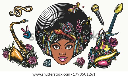 Funk music set. Color graphics elements. Tattoo vector collection. African American young funky woman. Disco and soul party hippie girl, saxophone, guitar. Traditional musical tattooing 
