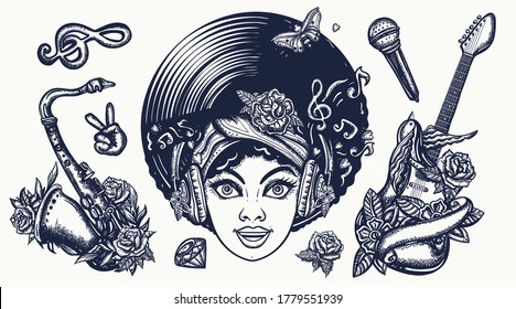 Funk music set. Tattoo vector collection. African American young funky woman. Disco and soul party hippie girl, saxophone, guitar. Traditional musical tattooing elements 