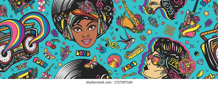 Funk and soul music. Seamless pattern. Lifestyle musical background. African American funky woman. Fashion hippie girl, audio type, saxophone, guitar and rainbow boom box. Old school tattoo style 