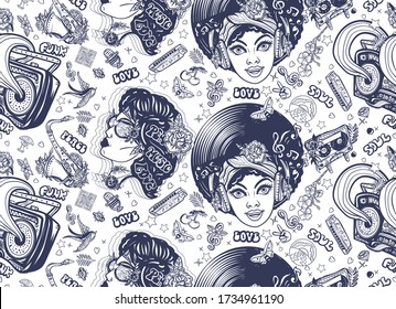Funk and soul music. Seamless pattern. Lifestyle old school musical background. African American funky woman. Fashion hippie girl, retro audio type, saxophone and  boom box 