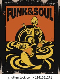 Funk & soul. Vector hand drawn illustration of surreal landscape with woman. Template for card, poster. banner, print for t-shirt, pin, badge, patch.