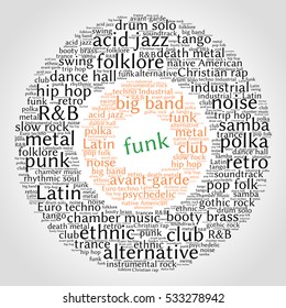Funk. Word cloud, circles, gradient grey background. Musical styles.