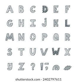 Funky 3d doodle alphabet set with hand drawn outline and memphis. Patterned bold font with shadow. Funny latin ABC with uppercase letters and punctuation marks for cover, headline, postcard.