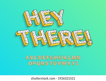 A funky 3d vector isometric headline font with an abstract animal print and yellow sides. 