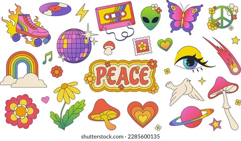 Funky 70s groovy elements  retro cartoon stickers  roller skates   disco ball  Trendy vintage hippie style fashion sticker  peace sign and daisy flowers  cute mushrooms  rainbow doodle vector set