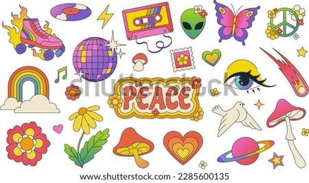 Funky 70s groovy elements, retro cartoon stickers, roller skates and disco ball. Trendy vintage hippie style fashion sticker, peace sign with daisy flowers, cute mushrooms, rainbow doodle vector set