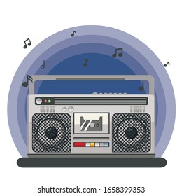 Funky 80s portable radio cassette player with music notes design.