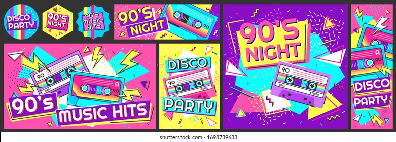 Funky 90s disco party poster. Nineties music hits banner, 90s dancing night invite and retro stereo tape vector illustration set. 90s stereo poster and flyer, music trend dancing