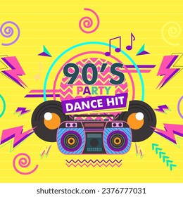 Funky 90s disco party poster. Nineties music hits banner, 90s dancing night invite and retro