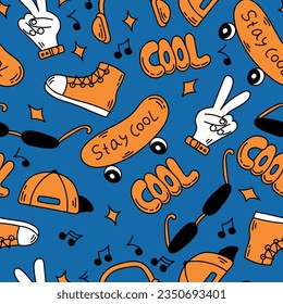 Funky 90s seamless pattern doodle style. Funny hand drawn 1990s repeat vector illustration with vintage fashion elements. Colorful comic nostalgia design