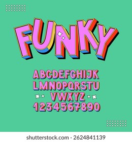 Funky 90's Style Font. Bold Bright Colorful Alphabet. Volumetric Letters and Number.