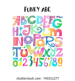 Funky ABC. Hand drawn sketchy letters and numerals with gradient. Retro style.