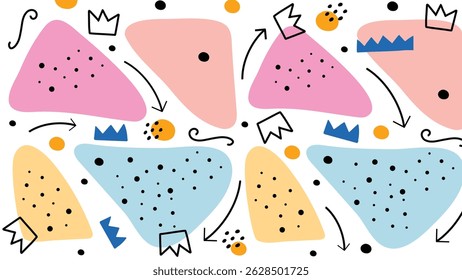 Funky abstract blobs in blue, yellow, red, and beige with dotted and arrow details. Energetic and expressive design on a bright base.