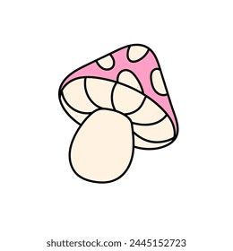 Funky abstract fly agaric. Groovy amanita with trippy aesthetics of 80s, 90s. Psychedelic mushroom with spotted hat on retro style sticker. Flat isolated vector illustration on white background