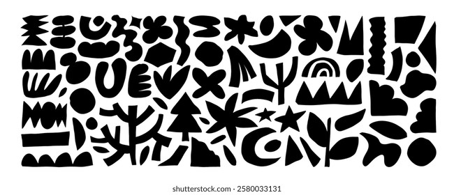 Funky abstract geometric cutout shapes and icons. Hand drawn monochrome primitive and naive organic figures. Flat abstract organic shapes, plants and branches. Doodle contemporary forms.