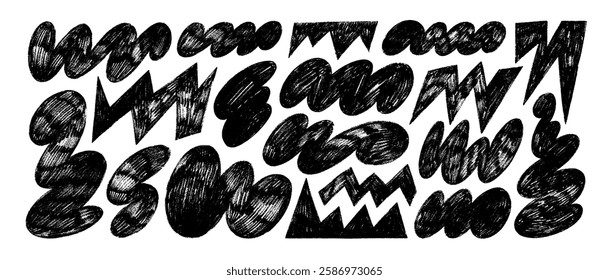 Funky abstract geometric organic shapes drawn by crayon. Doodle rough cloud and zigzag shapes. Black naive style childish vector elements. Chalk and crayon drawn figures and forms sketch.