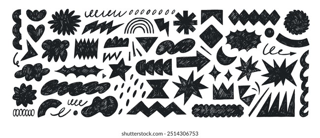 Funky abstract geometric shapes and figures drawn by crayon. Doodle modern figures, stars, arch, cloud, squiggle, arrow and other primitive elements. Contemporary naive Swiss design aesthetic.