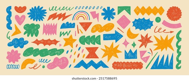 Funky abstract geometric shapes and figures drawn by colored crayon. Doodle modern figures, stars, arch, cloud, squiggle, arrow and other primitive elements. Contemporary naive swiss design aesthetic.