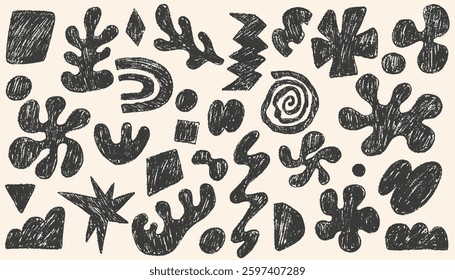 Funky abstract geometric shapes and figures. Boho shapes drawn by crayon. Doodle modern figures, squiggle and other primitive elements pencil texture. Contemporary native swiss design aesthetic.