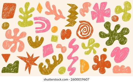 Funky abstract geometric shapes and figures. Boho shapes drawn by crayon. Doodle modern figures, squiggle and other primitive elements pencil texture. Contemporary native swiss design aesthetic.