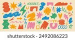 Funky abstract geometric shapes and icons drawn with crayon. Doodle contemporary figures, stars, arch, cloud, spiral, zigzag and other primitive elements. Retro style colored kid geometric shapes.