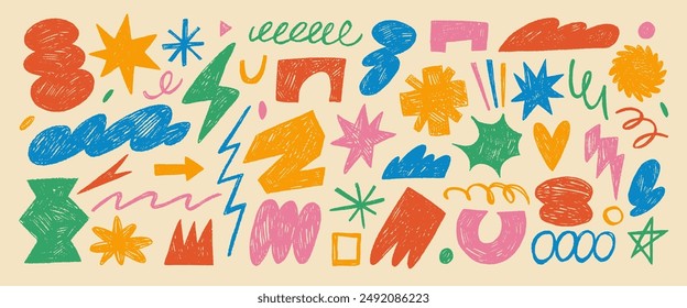 Funky abstract geometric shapes and icons drawn with crayon. Doodle contemporary figures, stars, arch, cloud, spiral, zigzag and other primitive elements. Retro style colored kid geometric shapes.