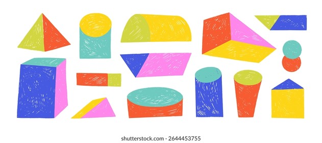 Funky abstract isometric geometric shapes and forms. Crayon drawn playful 3D figures. Set of isometric simple childish constructions. Colorful hand drawn vector shapes. Cylinder, pyramid, cube.