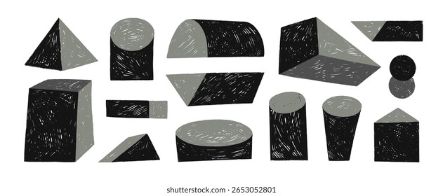 Formas y Formas geométricas isométricas abstractas funky. Crayon dibujó figuras gráficas en 3D. Conjunto de construcciones infantiles isométricas simples. Monocromo dibujado a mano Formas de Vector. Cilindro, pirámide, cubo.