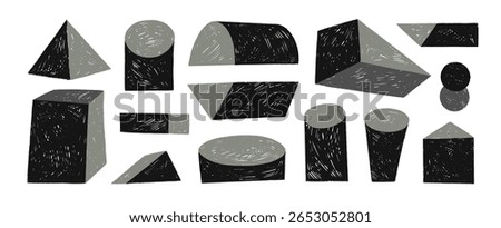 Funky abstract isometric geometric shapes and forms. Crayon drawn graphic 3D figures. Set of isometric simple childish constructions. Monochrome hand drawn vector shapes. Cylinder, pyramid, cube.