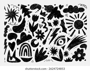 Funky abstract kid design objects hand drawn with charcoal. Doodle modern organic drawings. Silhouettes of bird, sun, flower, fir tree, cloud. Black vector decorative objects isolated on white.