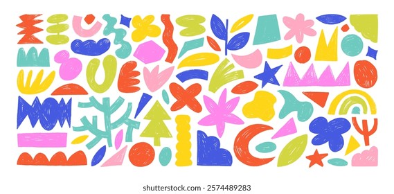 Funky abstract organic shapes, plants and geometric forms drawn by colored crayon. Hand drawn doodle contemporary figures, kid pencil drawings. Naive and primitive fluid shapes, abstract illustrations