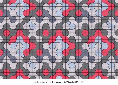Funky and abstract retro-styled metaball tiles in red, blue, white and cream with smooth seamless connections and bold geometric form