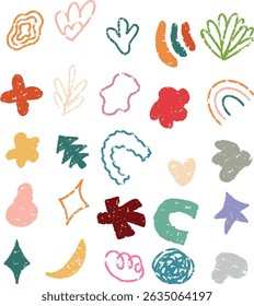 Funky abstract shapes and icons drawn. handraw abstract shape. Retro style colored geometric shapes. Playful Cute Childish Drawing. Cartoon Vector Illustration
