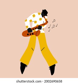 Funky afroamerican musician with saxophone. Modern flat colors illustration. Vector musical instruments. Illustrations in the style of modern hyperbole cartoon