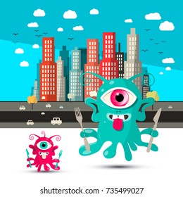 Funky Alien Cartoon. Aliens with City on Background. Vector.